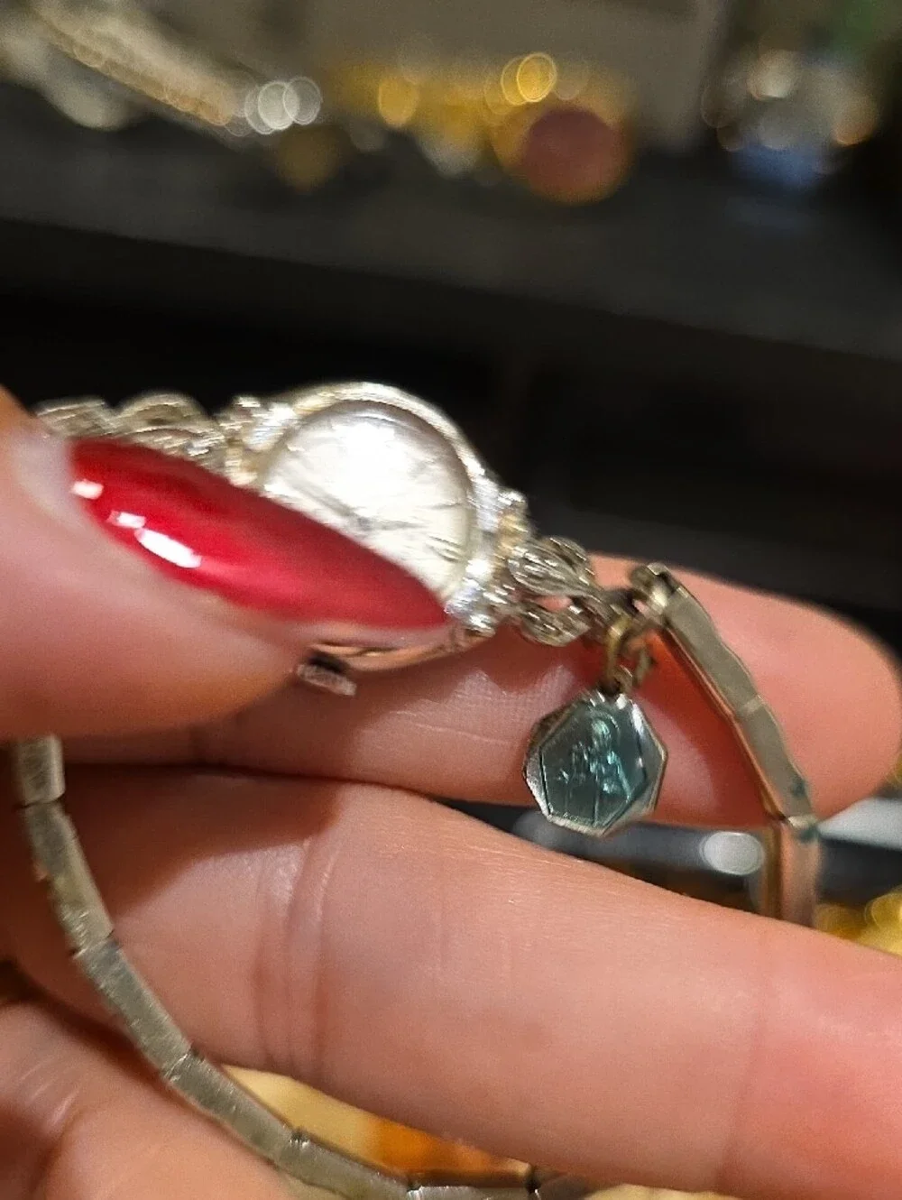 Vintage Silver-Tone Ladies Bracelet Watch with Teal Charm( Works)